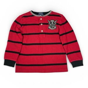 Polo Ralph Lauren EUC Boy's Henley Shirt Red Striped Rowing Club Crest Size 4